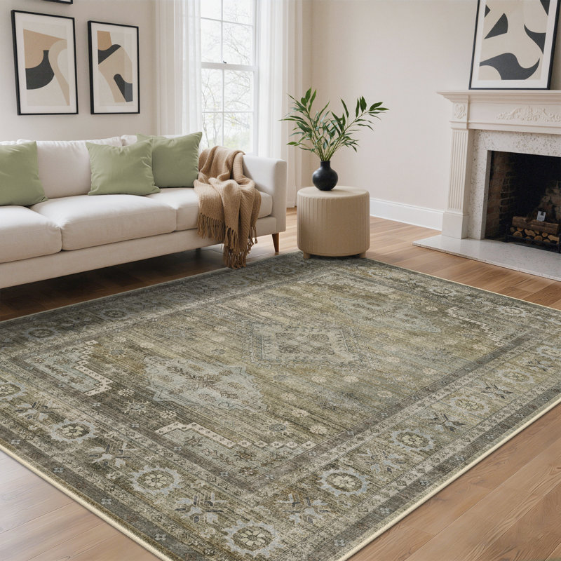 Tapis oriental sauge / gris lavable à la machine avec envers antidérapant, Rectangulaire 8 pi x 10 pi, Sage