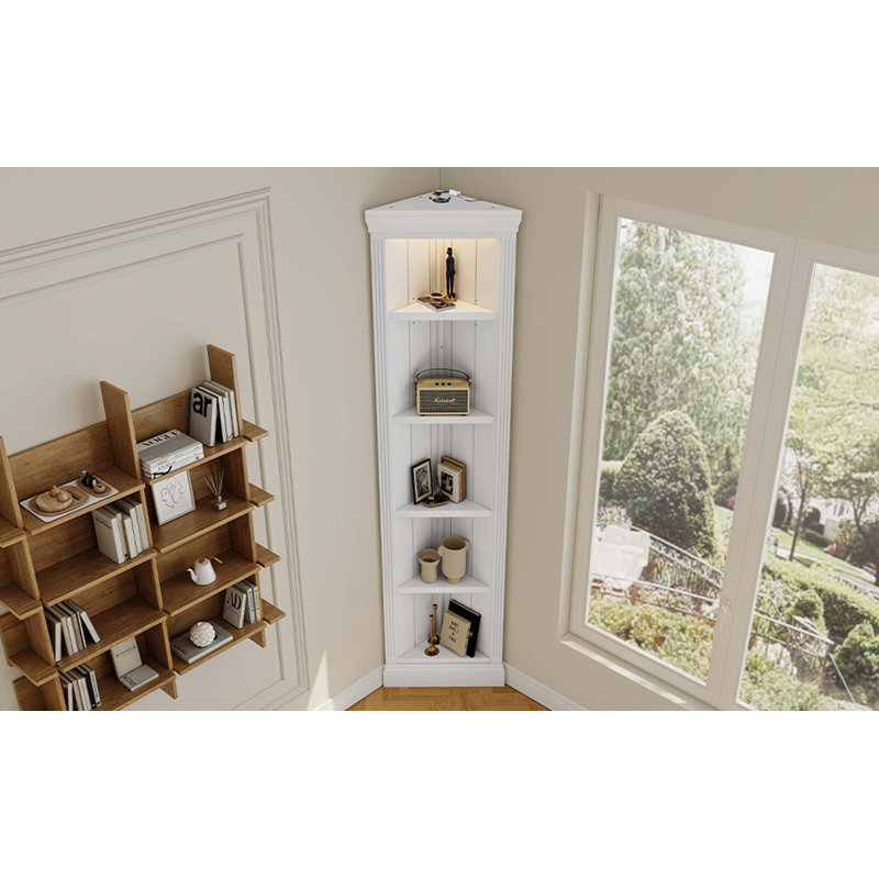 83.4"Tall Modern Corner Shelf,5 Tier Corner Bookcase with LED Light, Storage Standing Shelf Unit