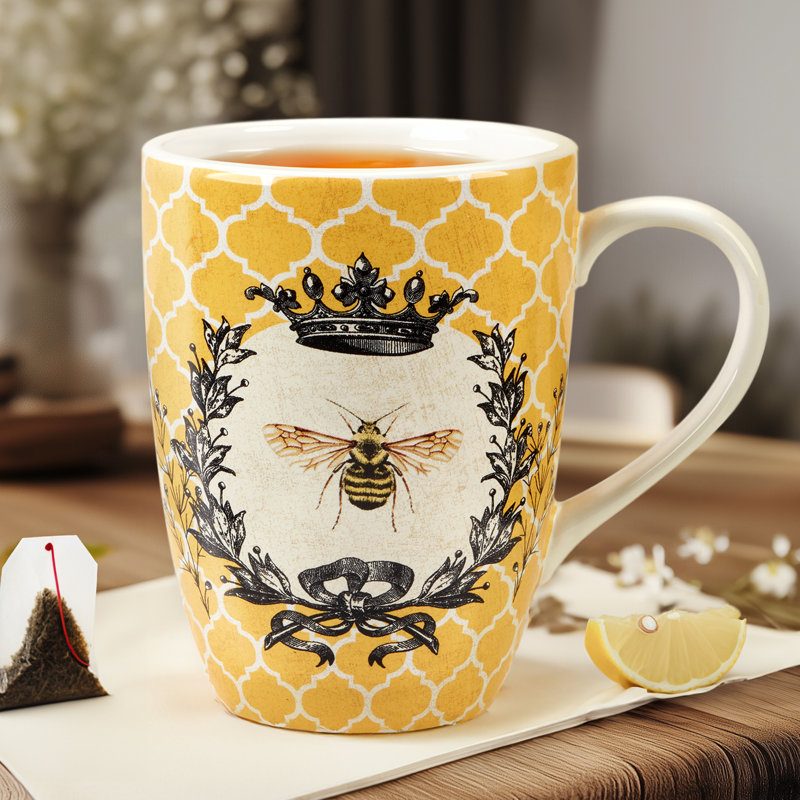 French Bees Yellow and White Ceramic 20 oz. Mugs, Set of 4