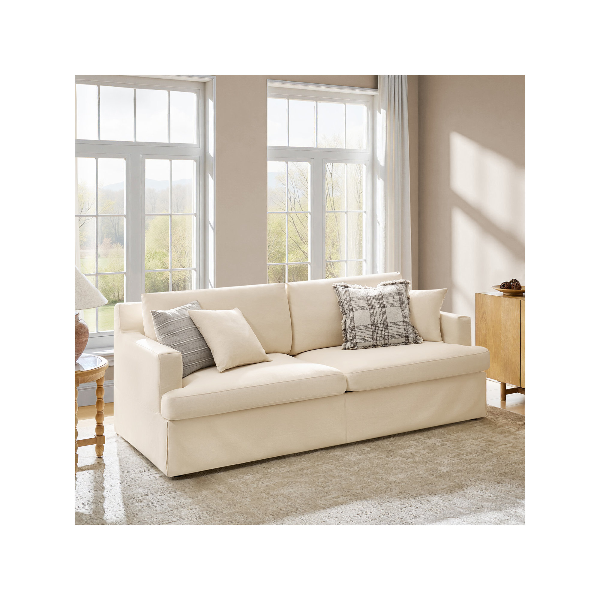 Lucie Isadoro 84"W Farmhouse Fully Assembled Square Arm Slipcovered Sofa With Down Blend Fill, Linen