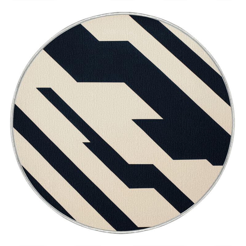  Tapis lavable rayé bleu marine crème, Rond 5 pi