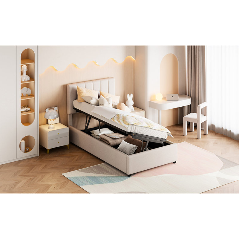 Lit plateforme simple beige avec système de rangement à levage hydraulique