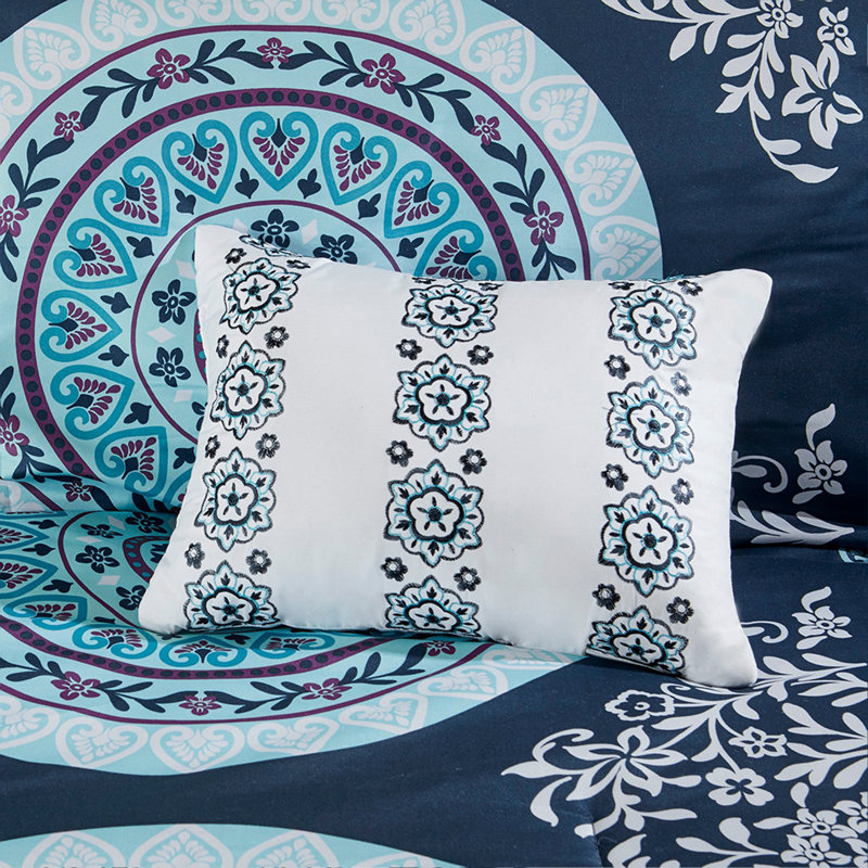 Boho Comforter Set With Bed Sheets, Queen Comforter + 8 Additional Pieces, Navy