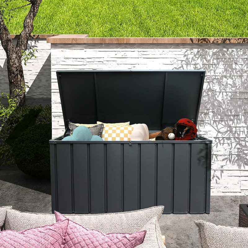 Boîte de rangement pour coussins d'extérieur 100 gallons - Gris foncé, imperméable, verrouillable pour la terrasse, coussins, outils de jardin avec matériel, grande capacité de gallon, coussins gris, outils, qualité de l'écurie