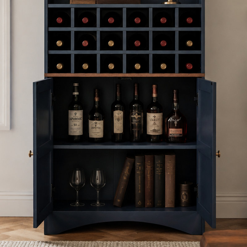 Bar arqué avec bar à vin, rangement pour boissons alcoolisées autoportant avec tablettes réglables et support à vin, Bleu