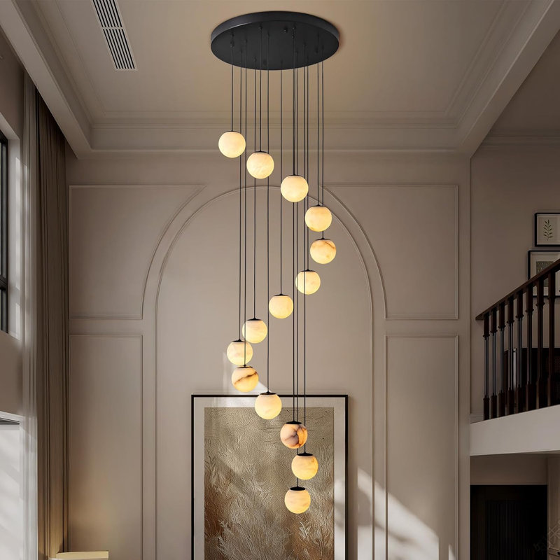 Lustre d'escalier 14 lumières en albâtre, Noir mat