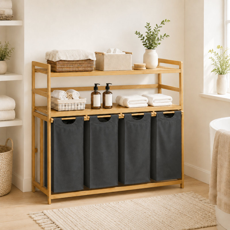 Panier à linge et tablette de rangement en bambou avec panier à linge à 4 compartiments, Gris foncé, 200L - 2-Tier