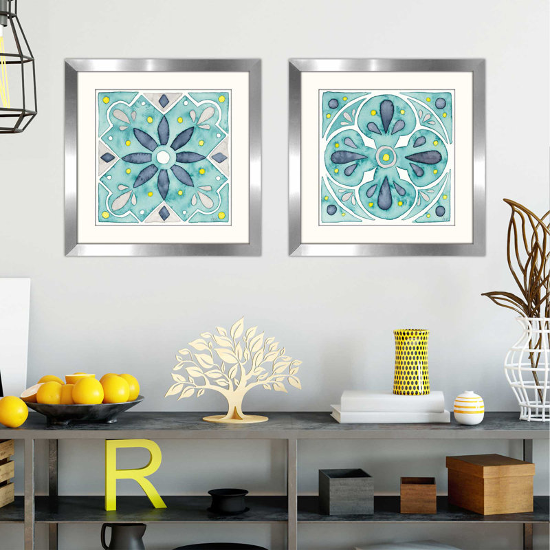 «Garden Getaway Tile V Teal», ensemble de 2 reproductions d'art sur papier, H 16,5 po x l 33 po x P 1 po, Pas de tapis