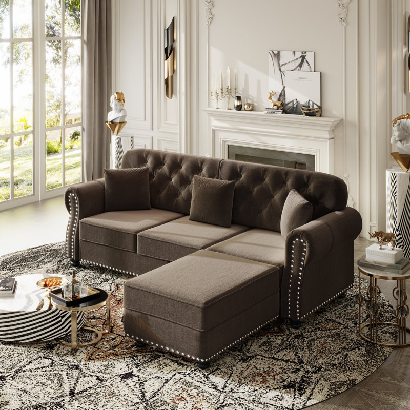 Canapé Chesterfield Mid-Century moderne en velours avec garniture cloutée, accoudoirs roulés et 3 coussins, pour des espaces de vie élégants