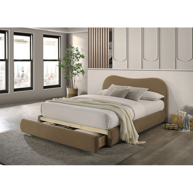 Lit plateforme avec tête de lit tapissier et rangement pour chambre à coucher, Très grand, Brun