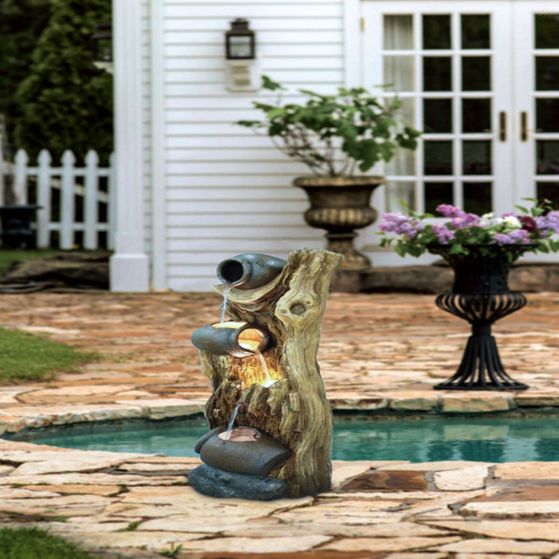 Fontaine décorative à tronc d'arbre à 3 niveaux 12,4 x 11,6 x 37,8 po avec lumières et pompe, brun