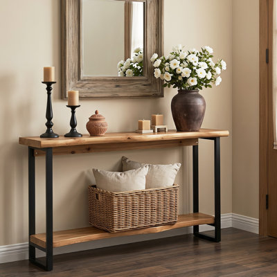 63" Solid Wood Console Table with Metal Legs, Farmhouse Entryway Sofa Table Behind Couch for Living Room