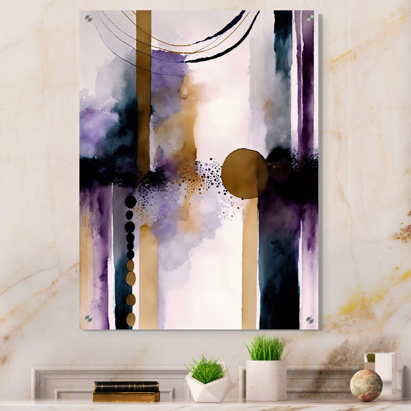 Abstrait géométrique mauve et doré II - Art mural abstrait géométrique en acrylique pour le salon, H 32 po x l 24 po