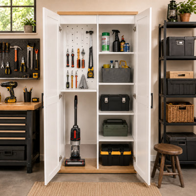 Armoire de rangement sous vide 55 po avec prise de charge, organisateur de balai blanc