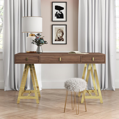 Pangea Home Griley Modern Seesaw Writing Desk with Gold Base – Walnut Wood Veneer 