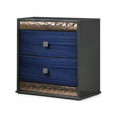 Ensemble de chambre à coucher pour très grand lit 2 pièces, gris cendré, bleu indigo, bois chromé, table de chevet