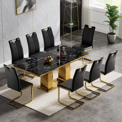 Modern Dining Table Set, 68.11" Dining Table and Chairs Set, Faux Marble Dining Table with Faux Leather Dining Chairs, Luxury Kitchen Table with Stainless Steel Base for Kitchen