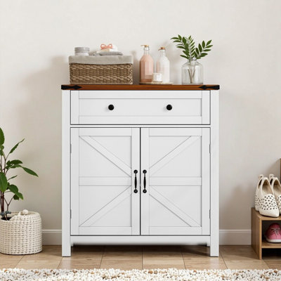 Farmhouse White Storage Cabinet with Walnut Countertop, Adjustable Shelf & Drawer - Freestanding Kitchen Coffee Bar Console for Entryway, Bathroom, Dining Room, 30"L x 12"D x 32.5"H