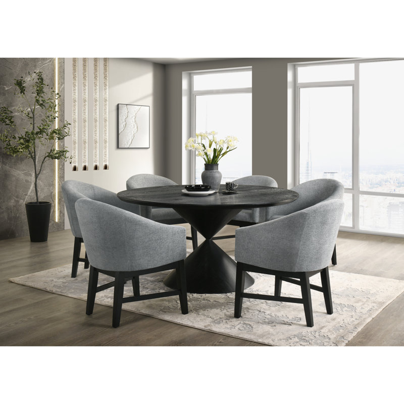 Ensemble de salle à manger à piédestal rond noir ébène de 59 po avec base de sablier et chaises en tonneau gris de 59 po Haven