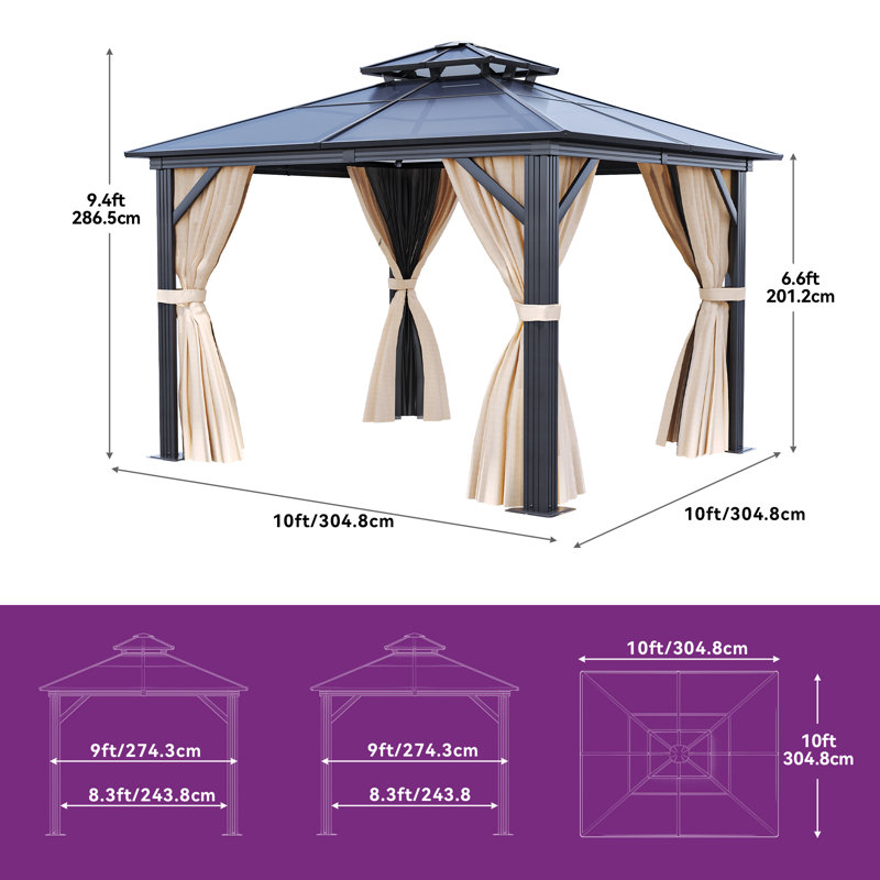 Outdoor Aluminum Patio Gazebo UV Resistant Sunshine Shelter, 10 Ft. W x 10 Ft. D