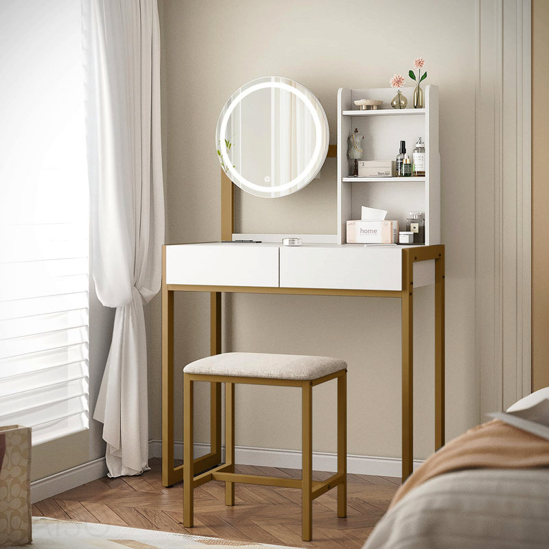 Petit bureau de coiffeuse avec miroir et lumières, coiffeuse de maquillage avec miroir à DEL, 3 modes d'éclairage, prise de courant, tiroir, tablettes ouvertes et tabouret rembourré pour la chambre à coucher (blanc et doré)