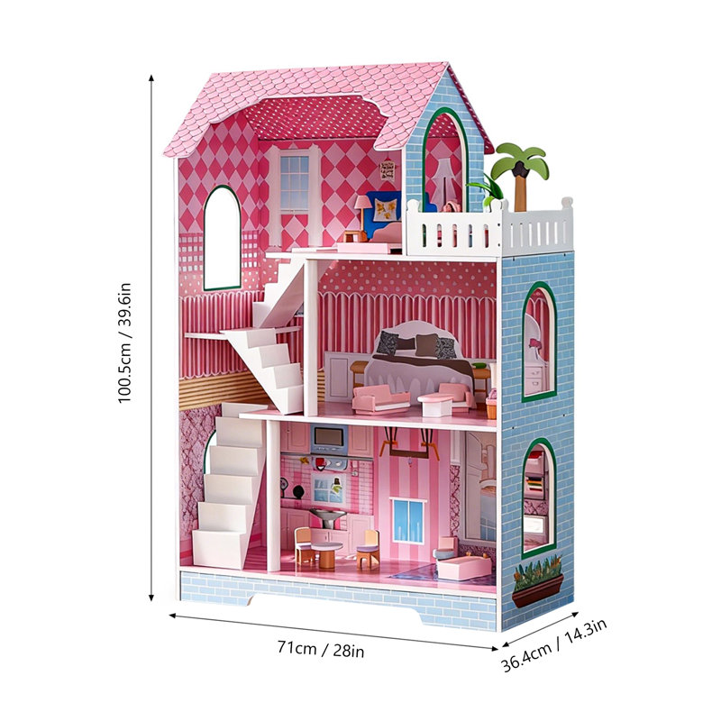 Large Dollhouse With Roof Window And Furniture, Mini Doll House Playhouse For 3 Years Old And Above