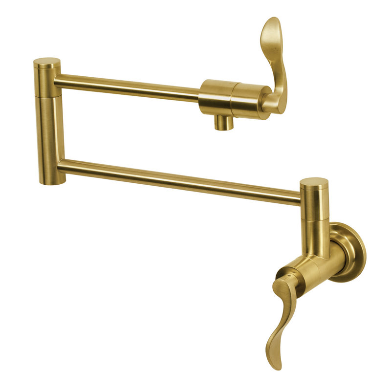 Kingston Brass NuWave Two-Handle 1-Hole Wall Mount Pot Filler Faucet, Brushed Brass