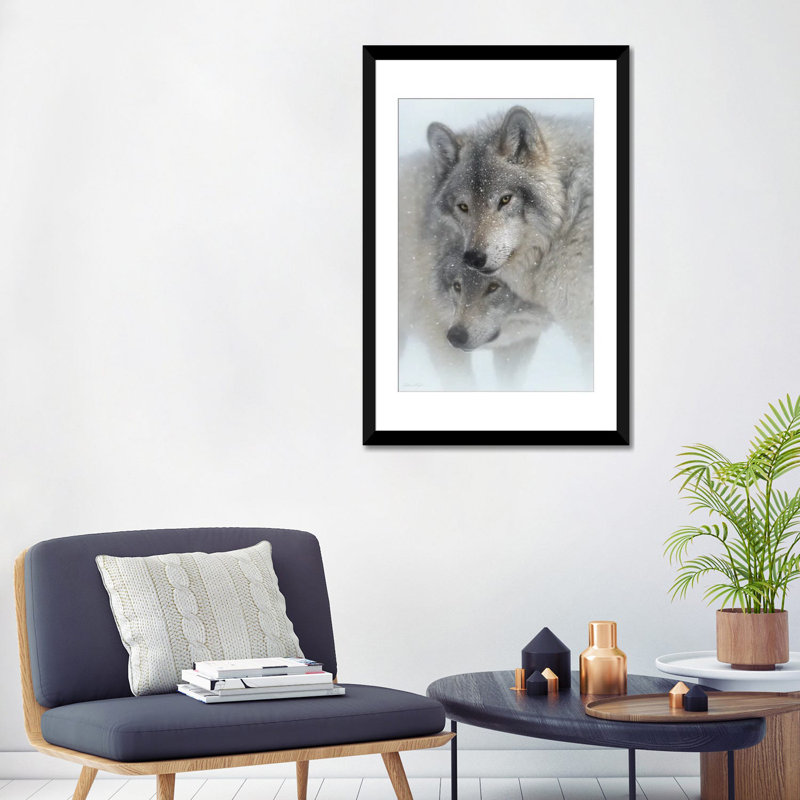Wild Devotion - Gray Wolves, Black Open Corner Frame Paper, 32" H x 24" W x 1" D