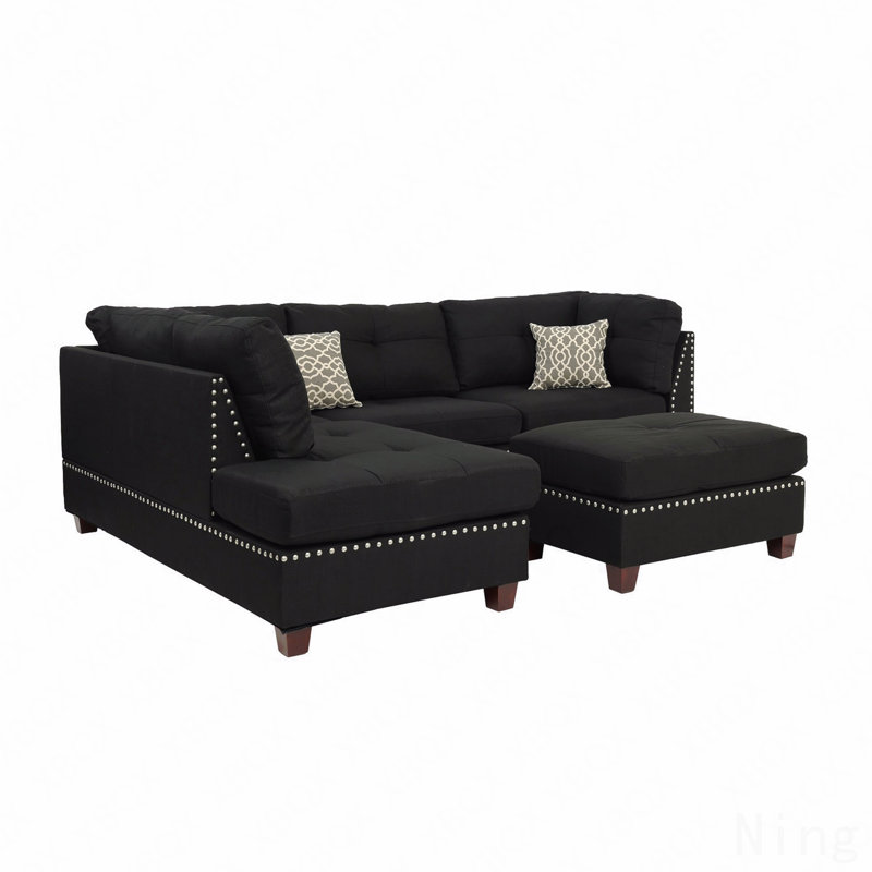 Latitude Run® Reversible Polyfiber Sectional Sofa With Ottoman, Black ...
