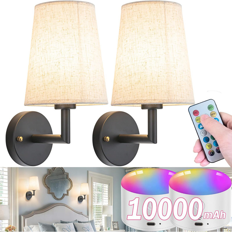 Wall Sconce Battery Operated Wall Light Fixure With Remote Control, Dimmable Battery Operated Wall Sconces Set Of Two, Indoor Wireless Wall Mounted Lamp With Rechargable Bulb For Bedroom Living Room