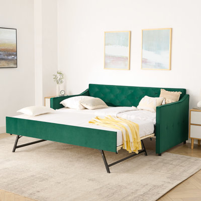 Lit de jour simple rembourré avec couchette et charge pratique, look Mid-Century, conception à boutons, décoration à accoudoirs ondulés, cadre pour chambre à coucher avec accoudoirs élégants, contreplaqué renforcé