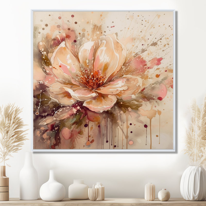 «Emotion Of Beige Red Peony Flower I», art mural sur toile, 36" H x 36" W, Cadre flottant blanc