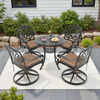 5-piece cast aluminum set - round table & 4 swivel chairs, all-weather patio design in black frame