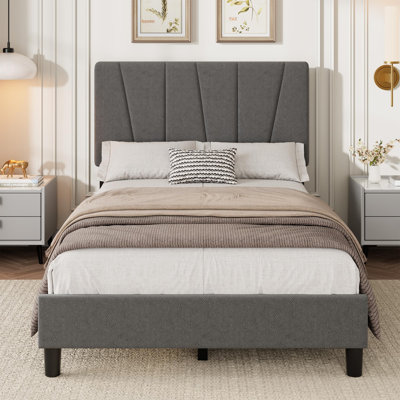 Twin XL Size Upholstered Platform Bed Frame with Adjustable Headboard, Linen Fabric Bed Frame for 8"–14" Mattress, Modern Geometric Tufted Headboard, No Box Spring Needed, Noise Free Wood Slats