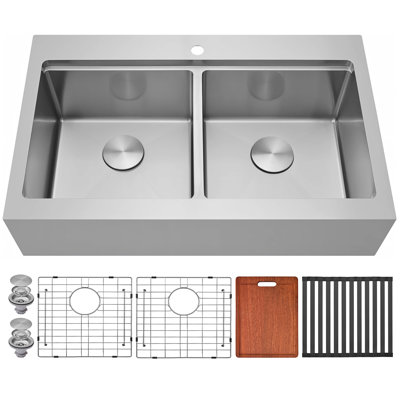 36" L x 22" W Workstation Farmhouse 50/50 Double Bowl 16 Gauge 304 Stainless Steel Kitchen Sink with Accessories