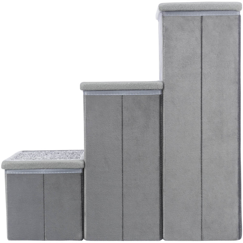 Gray Velour 3-Step Pet Stairs with Storage Compartments