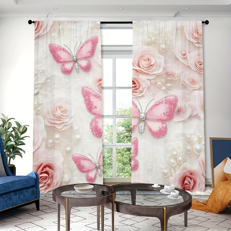2Pcs Pink Butterfly Curtains, Elegant Rose & Pearl Pattern, Rod Pocket Window Drapes, Romantic Fairy Tale Style, Living Room Bedroom Study Window Decor