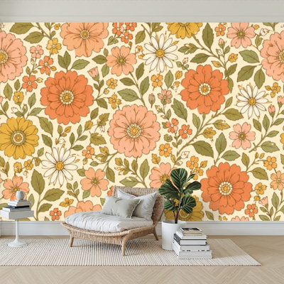 Wall Mural Peel and Stick Wallpaper Groovy retro boho flower seamless vintage 70s paper hand drawn Self-Adhesive Removable Contact Paper Wall Decor for Living Room Bedroom 100"H x 144"W