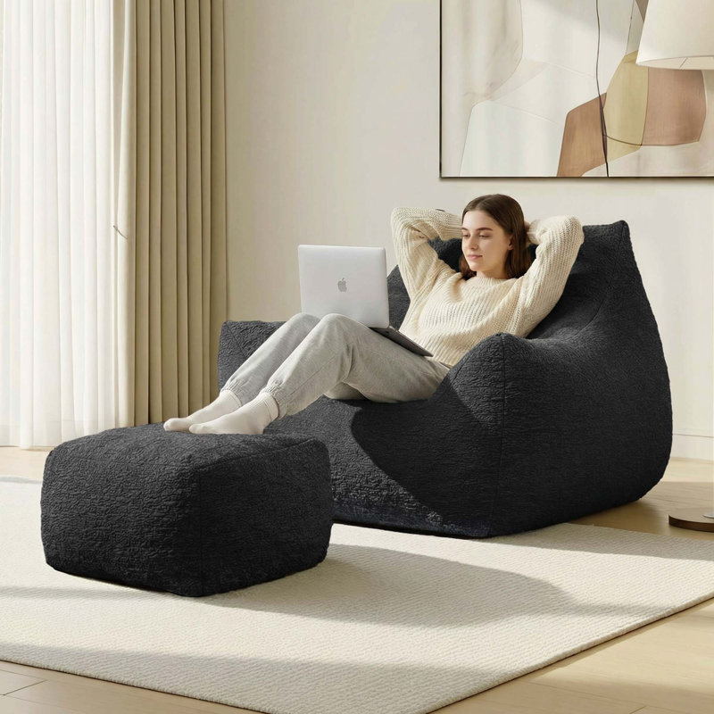 Extra-Wide Bean Bag Chair With Ottoman, Black Polyester 