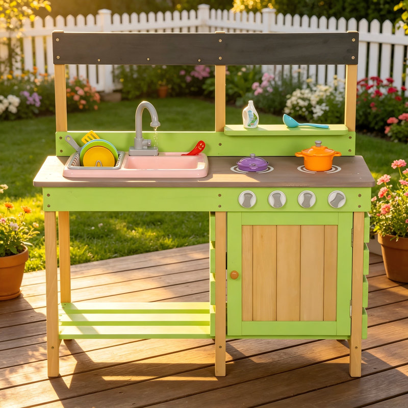 Wooden Mud Kitchen for Kids, Outdoor Play Kitchen with Water Play Set & Cooking Toys – Gift for Ages 3-8
