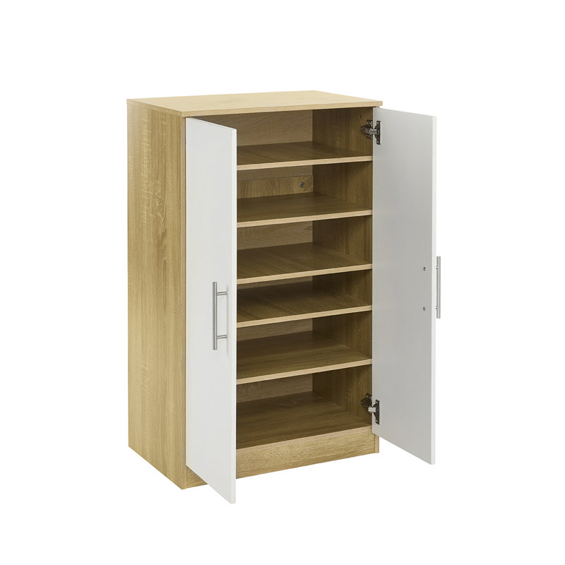 White Wooden Shoe Storage Cabinet, 6 Shelves, White/Oak