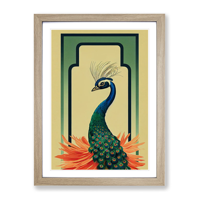 Peacock Art Deco No.2 - Framed Print, 64cm H x 46cm W, Oak