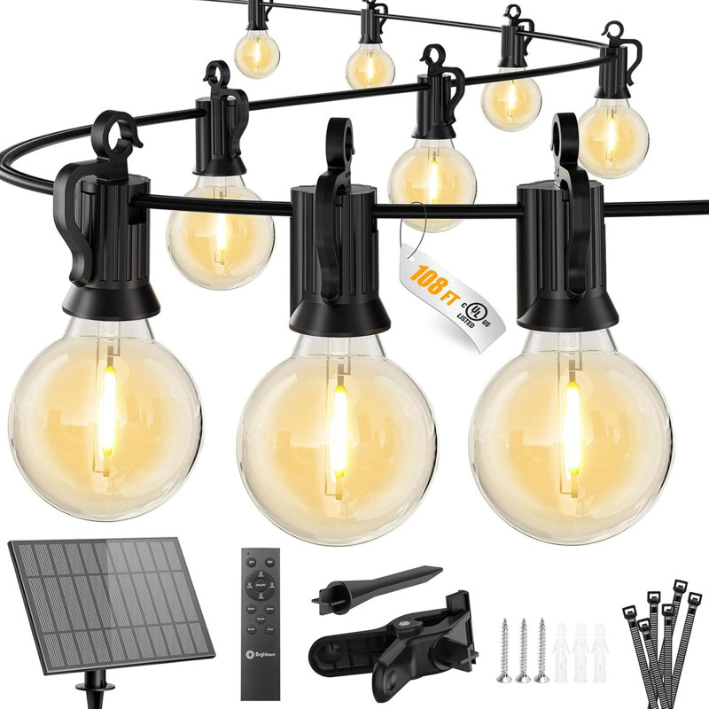 Guirlande solaire 108 pi pour l'extérieur - 52 ampoules à DEL incassables, télécommande à intensité variable, 3 modes d'éclairage pour le mariage sur une terrasse de jardin