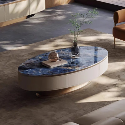 Table basse moderne ovale avec plateau en faux marbre et base en bois