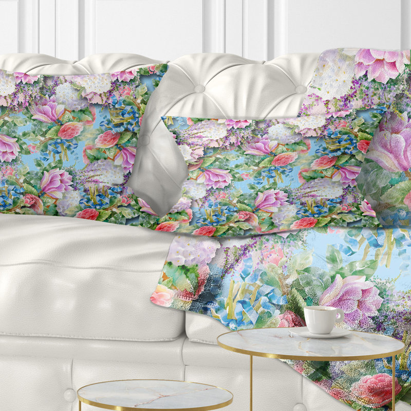 Motif de fleurs roses sur fond bleu - coussin à imprimé floral