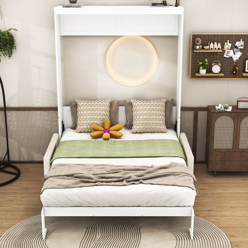 Shinpei Murphy Bed Wall Bed with Cushion, White, Queen