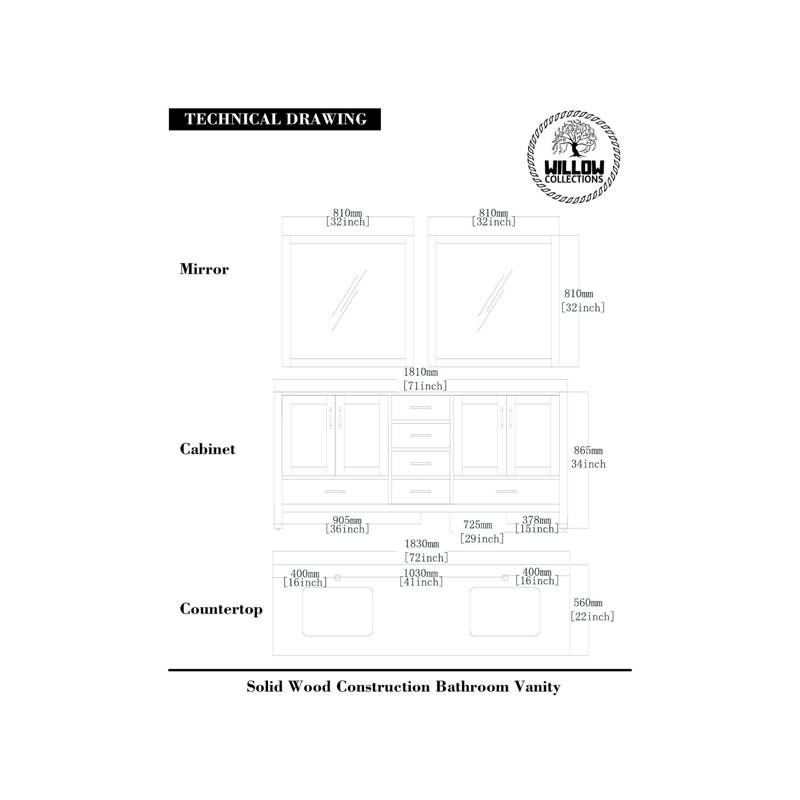Ensemble de meuble-lavabo double 72 po Malibu, Quartz de Carrare, Blanc délavé