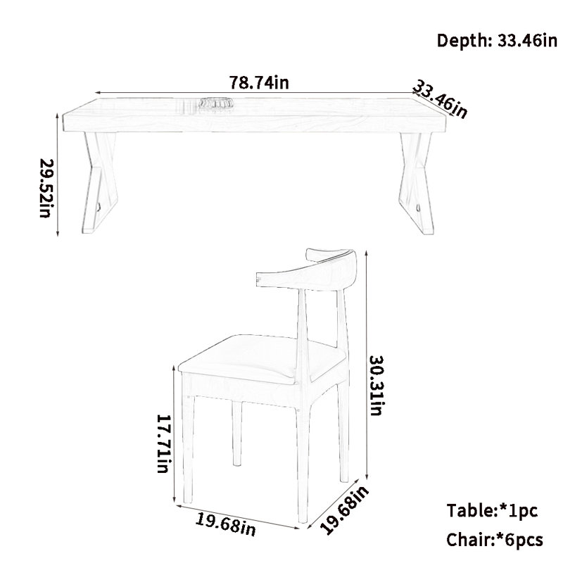 Simple solid wood household dining table sets, 29.52"H x 78.74"L x 33.46"W