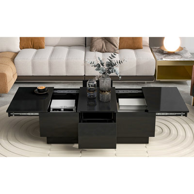 Table basse rectangulaire noire avec fonction extensible et 2 tiroirs de rangement cachés, finition brillante