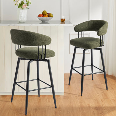 Modern Upholstered Hunter Green Fabric Swivel Bar Stool with Tapered Black Metal Legs
